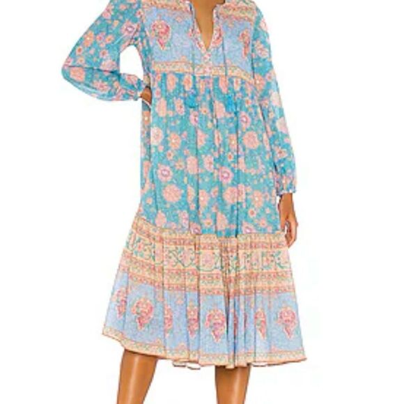 SPELL LOVE STORY Floral Bohemian Blue and Pink Midi Dress Small - Picture 1 of 3